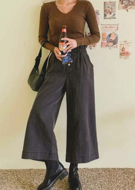 High Waisted Cropped Pants Korea